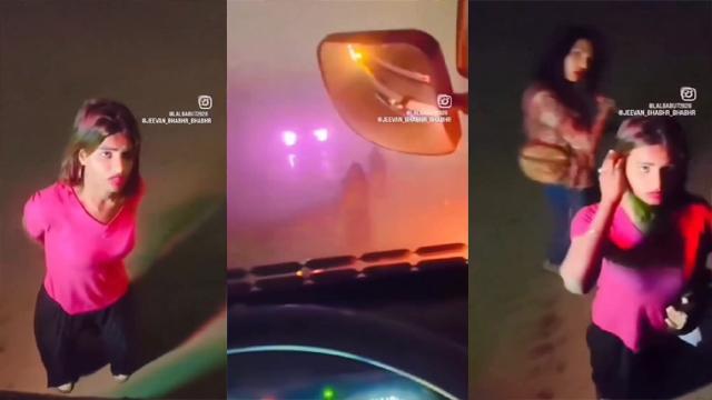 Horny girl showing her pussy to a truck driver on the road